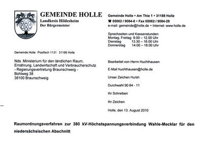 Raumordnungsverfahren Gemeinde Holle